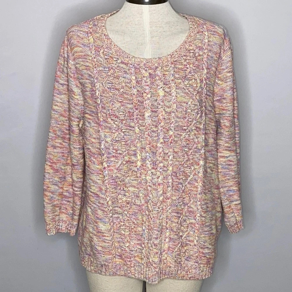 Lands' End 100% Cotton 3/4 Sleeve Multi Color Cable Knit Sweater - Size Large
